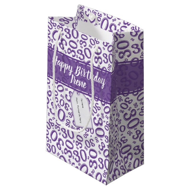 30th Birthday Random Number Pattern Purple/White Small Gift Bag (Front Angled)