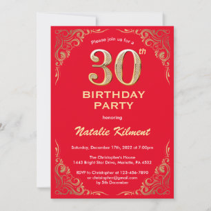 30th Birthday Red and Gold Glitter Frame Invitation