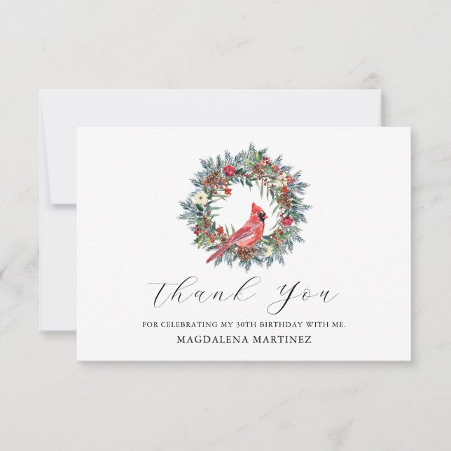 30th Birthday Red Cardinal Wreath Custom Flat Thank You Card (Front)