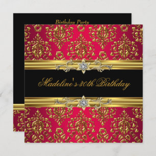 30th Birthday Red Damask Gold Floral Black jewel Invitation