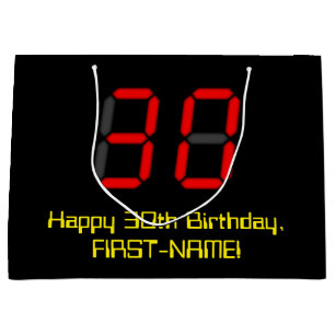 30th Birthday: Red Digital Clock Style "30" + Name Large Gift Bag