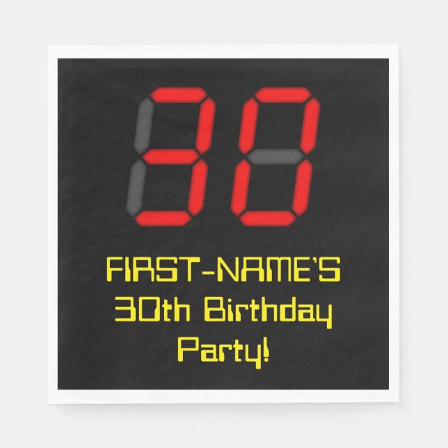 30th Birthday: Red Digital Clock Style "30" + Name Napkin (Front)