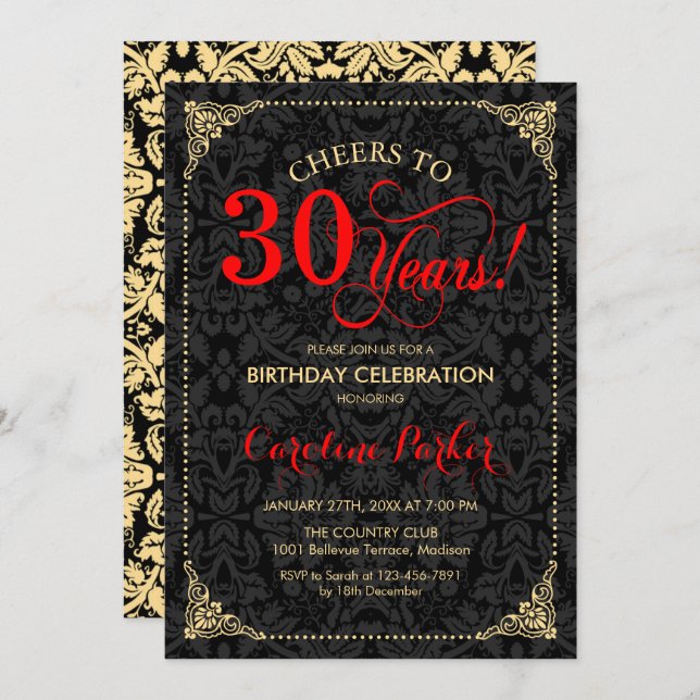 30th Birthday - Red Gold Black Damask Invitation (Front/Back)