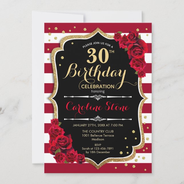 30th Birthday - Red Gold Black White Stripes Roses Invitation (Front)