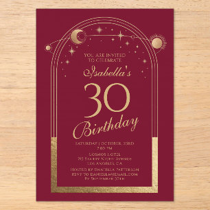 30th Birthday Red Gold Celestial Sun Moon Stars Acrylic Invitations