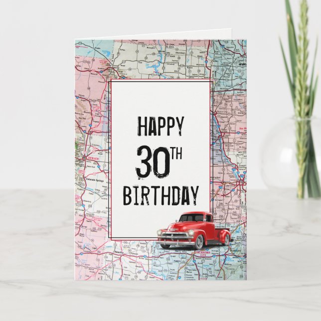 30th Birthday Red Retro Truck on Map Card (Front)