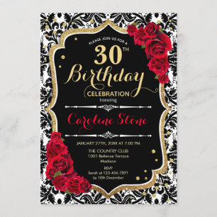 30th Birthday - Red Roses Gold Black Damask Invitation