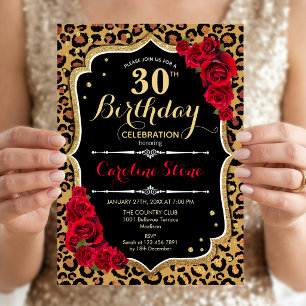 30th Birthday - Red Roses Leopard Print Invitation