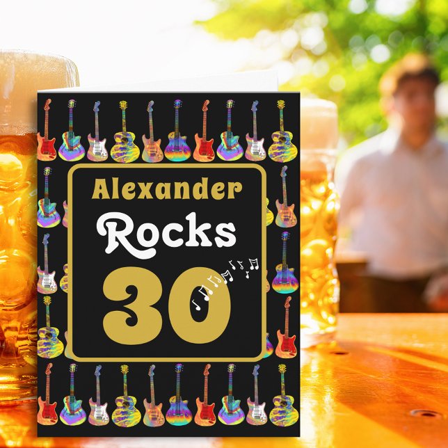 30th birthday Rock and Roll Guitar Personalized Card (Music lovers Guitar 30th birthday personalized name rocks 30 black and gold greetings card)