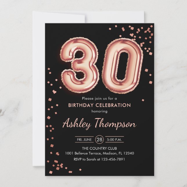 30th Birthday - Rose Gold Balloons Black Invitation (Front)