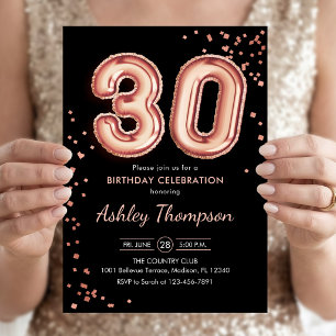 30th Birthday - Rose Gold Balloons Black Invitation