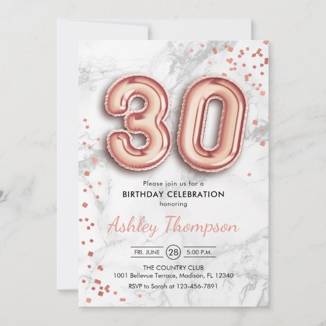 30th Birthday - Rose Gold Balloons Marble Effect Invitation (Front)