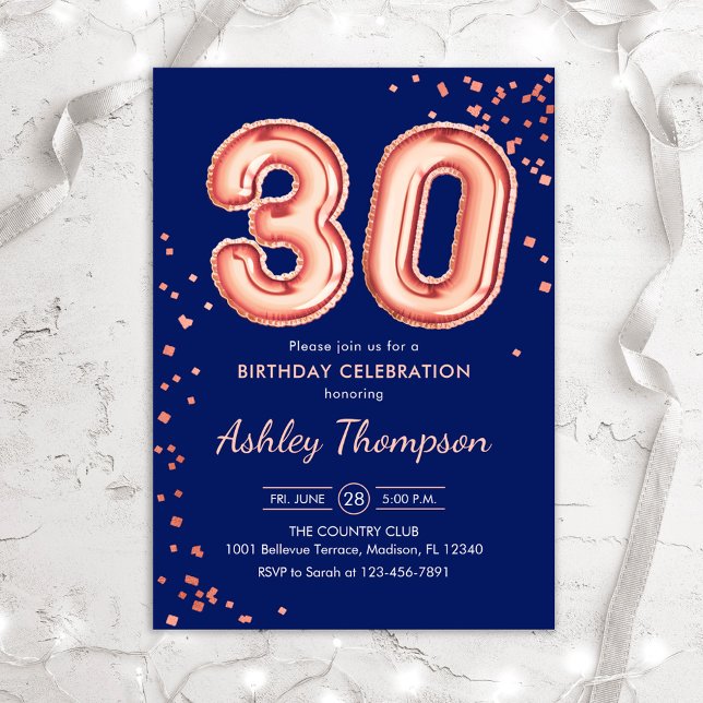 30th Birthday - Rose Gold Balloons Navy Invitation (Creator Uploaded)