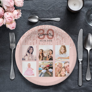 30th birthday rose gold blush glitter drips photo paper plate