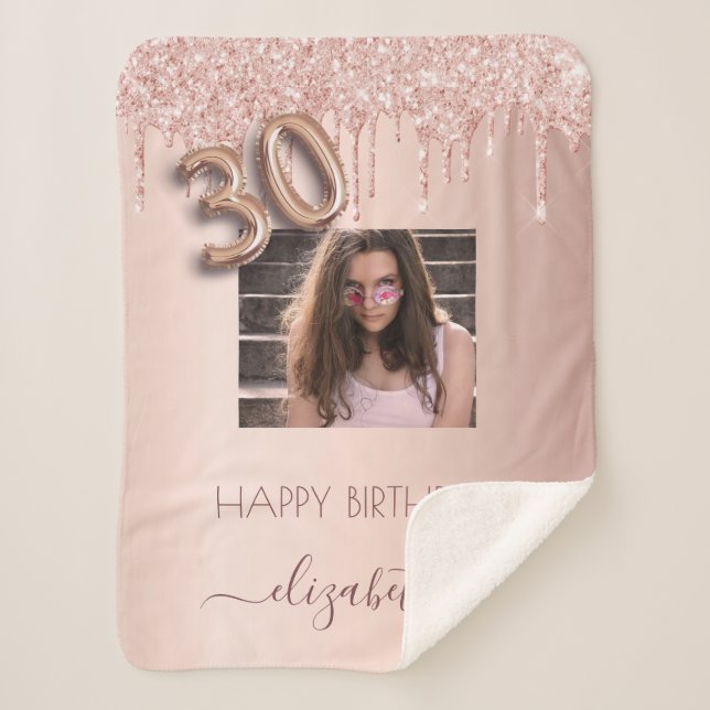 30th birthday rose gold blush glitter drips photo sherpa blanket (Front)