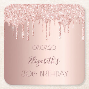 30th birthday rose gold blush glitter drips square paper coaster