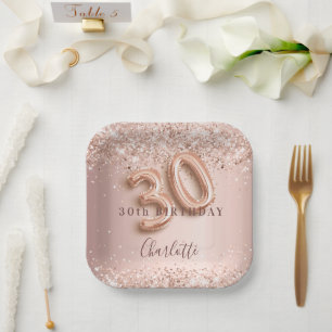 30th birthday rose gold blush glitter name paper plate