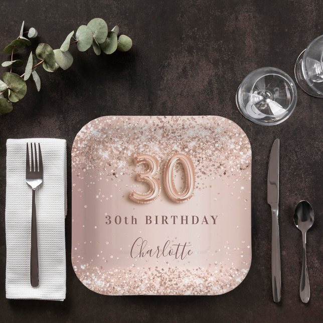 30th birthday rose gold blush pink name paper plate (Creator Uploaded)