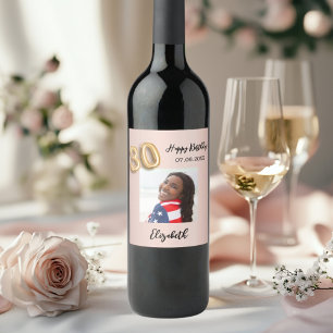 30th Birthday rose gold blush pink photo Wine Label