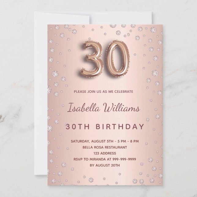 30th birthday rose gold diamonds script glamourous invitation (Front)