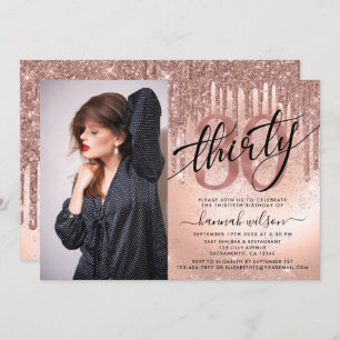 30th Birthday Rose Gold Foil & Glitter Photo Invitation