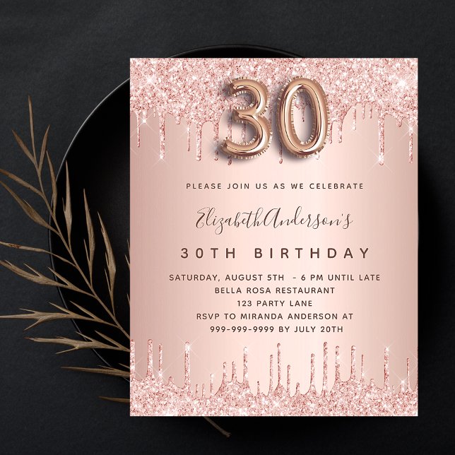 30th birthday rose gold glitter budget invitation flyer (Creator Uploaded)