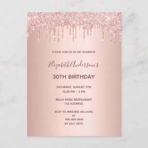 30th birthday rose gold glitter drip invitation postcard