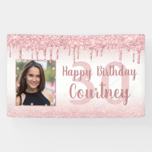 30th Birthday Rose Gold Glitter Drip Sparkle Photo Banner