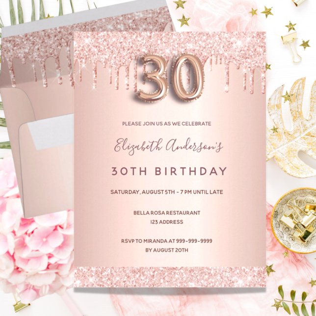 30th birthday rose gold glitter pink invitation postcard (Creator Uploaded)