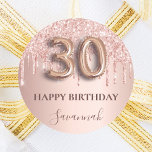 30th birthday rose gold pink drips classic round sticker<br><div class="desc">Elegant, classic, glamourous and girly for a 30th birthday party. Rose gold and blush pink, gradient background. Decorated with rose gold, pink drips, paint dripping look. Personalise and add a name. With the text: Happy Birthday. The text is written with a modern dark rose coloured hand lettered style script. Number...</div>