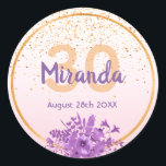 30th birthday rose gold with confetti and flowers classic round sticker<br><div class="desc">Glamourous with elegant and modern rose gold,  blush pink gradient backdrop for a 30th birthday. With a faux gold frame,  and ultra violet and purple coloured watercolored flowers and golden confetti rain. Templates for name,  age and date,  purple and golden coloured letters.</div>