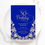 30th Birthday Royal Blue Gold Roses Invitation<br><div class="desc">Royal blue gold elegant 30th birthday party invitation. Classy design featuring roses,  faux gold foil and typography script font. Trendy invite card perfect for a stylish female bday celebration. Personalise with your own details. Can be customised to any age. Printed Zazzle invitations or instant download digital printable template.</div>