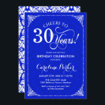 30th Birthday - Royal Blue White Damask Invitation<br><div class="desc">30th Birthday Invitation.
Elegant vintage royal blue and white design with damask pattern. Features script font. Cheers to 30 years! Can be personalised into any age! Message me if you need further customisation.</div>