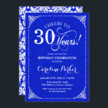 30th Birthday - Royal Blue White Damask Invitation<br><div class="desc">30th Birthday Invitation.
Elegant vintage royal blue and white design with damask pattern. Features script font. Cheers to 30 years! Can be personalised into any age! Message me if you need further customisation.</div>