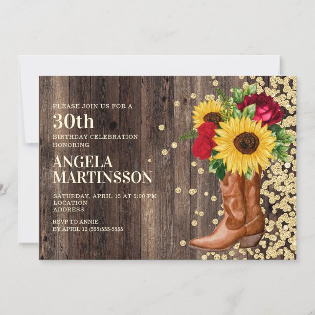 30th Birthday Rustic Boots Sunflower Red Roses Invitation (Front)