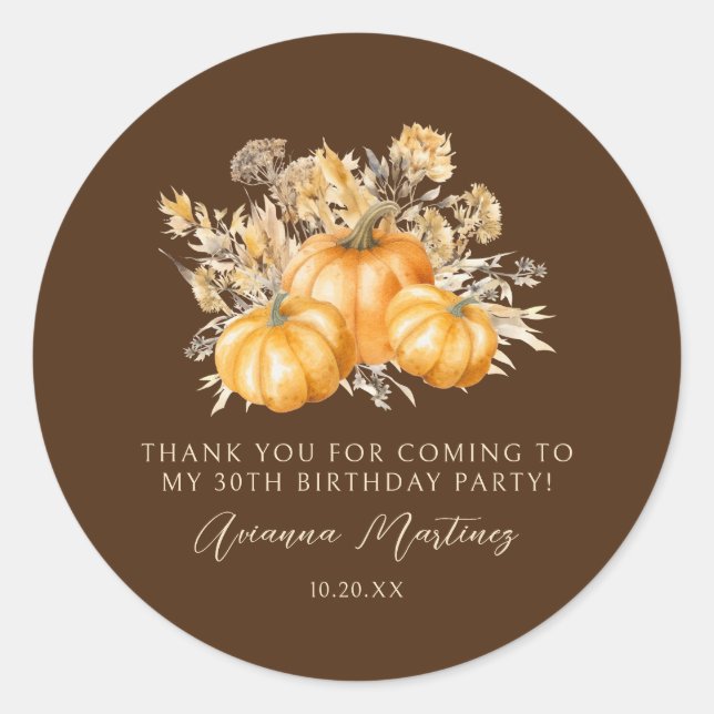 30th Birthday Rustic Pumpkin Fall Thank You Favour Classic Round Sticker (Front)
