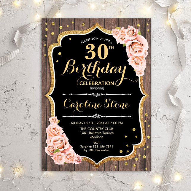 30th Birthday - Rustic Wood Blush Roses Invitation (Creator Uploaded)