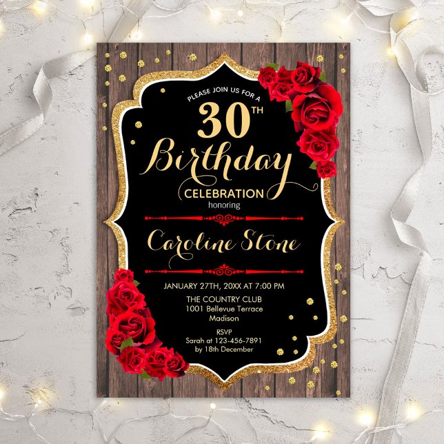 30th Birthday - Rustic Wood Red Roses Invitation (Creator Uploaded)