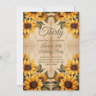 30th Birthday Rustic Wood Sunflower Watercolor Invitation