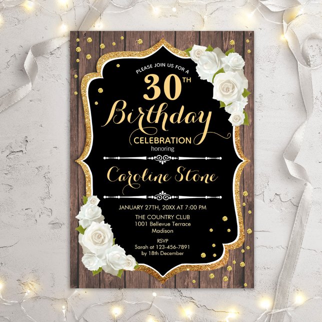 30th Birthday - Rustic Wood White Roses Invitation (Creator Uploaded)