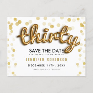 30th Birthday Save The Date Gold Balloons Glitter Announcement Postcard