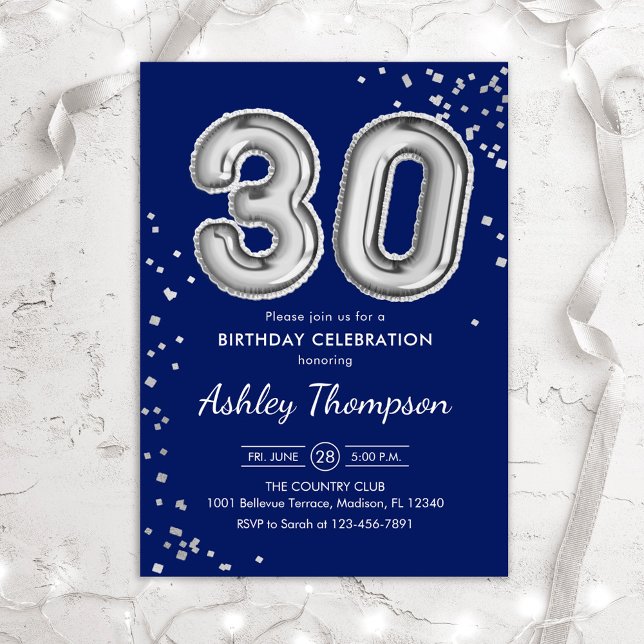 30th Birthday - Silver Balloons Navy Invitation (Creator Uploaded)