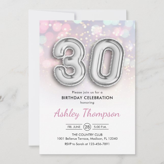 30th Birthday - Silver Balloons Pink Lights Invitation (Front)