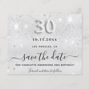 30th birthday silver glitter budget save the date flyer