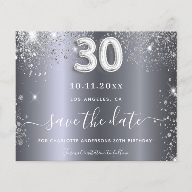 30th birthday silver glitter budget save the date flyer (Front)