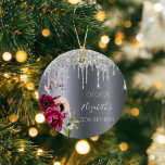 30th birthday silver glitter drips floral burgundy ceramic tree decoration<br><div class="desc">An ornament for a 30th birthday. A dark faux silver metallic looking background. Decorated with dark purple and burgundy and rose pink flowers, faux silver glitter dripping, paint drip look. Templates for a name, date and age 30. The name is written with a white modern hand lettered style script. Perfect...</div>