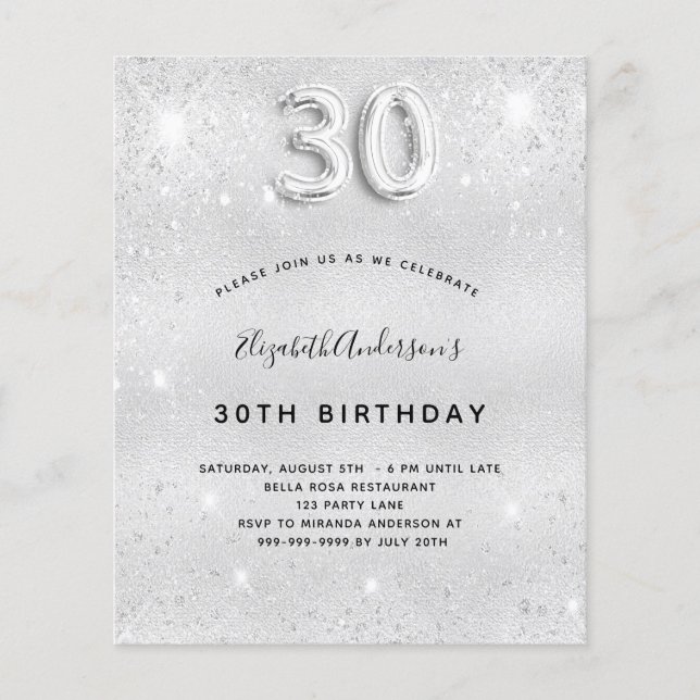 30th birthday silver glitter invitation (Front)