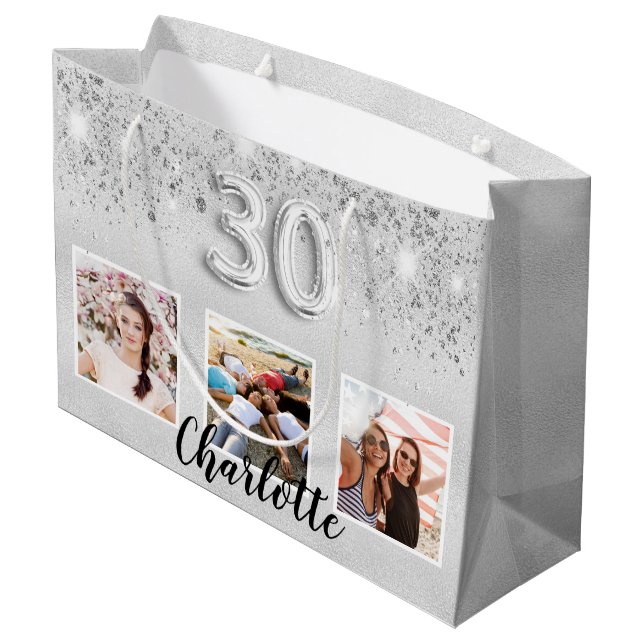 30th birthday silver glitter photo name large gift bag (Back Angled)