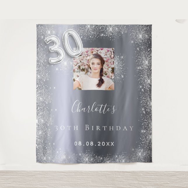 30th birthday silver photo glitter dust welcome tapestry (Front)