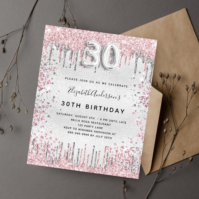 30th birthday silver pink glitter drips invitation postcard (Creator Uploaded)